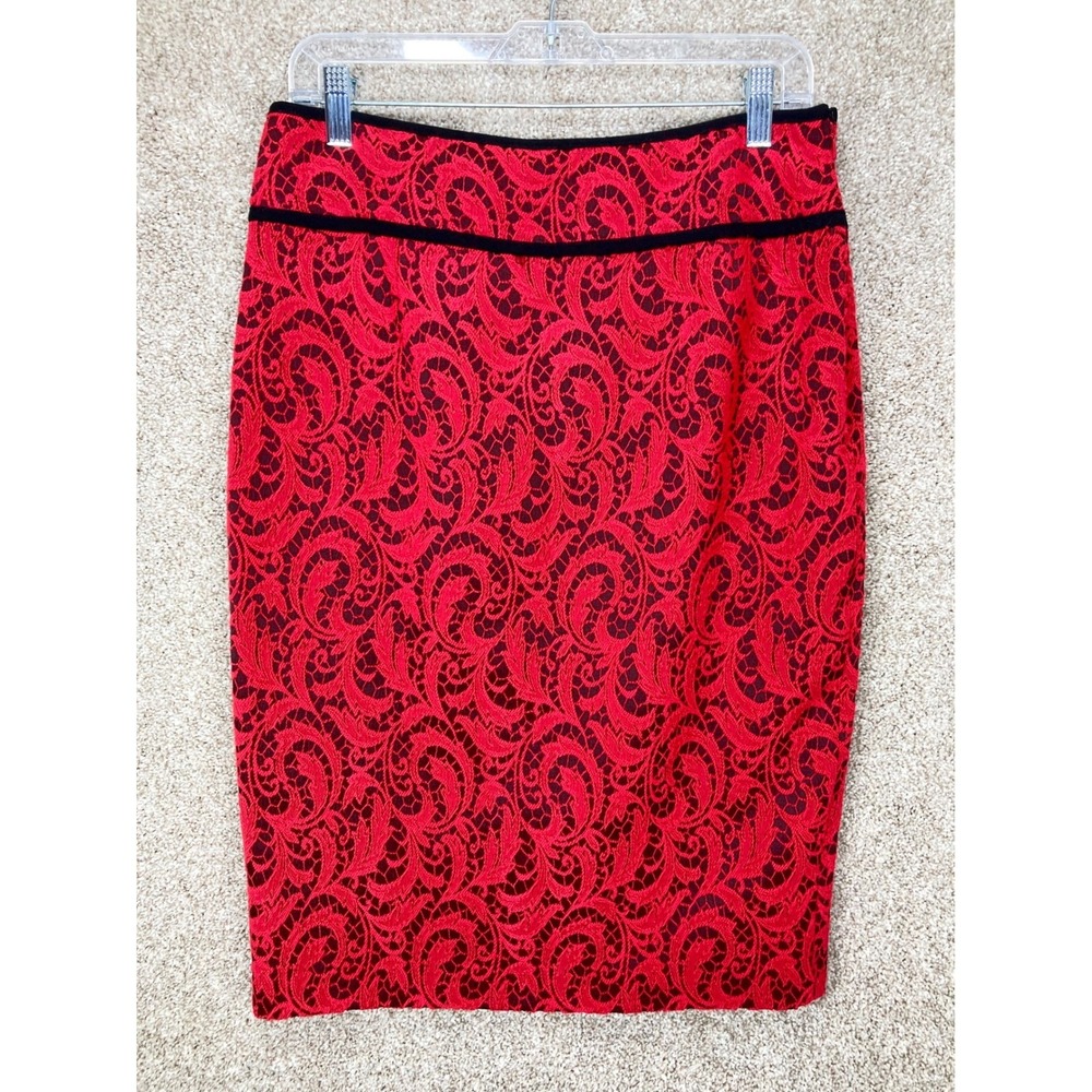 Magaschoni Lace Scroll Pencil Skirt Women 12 Red Black Dark Academia Office Chic